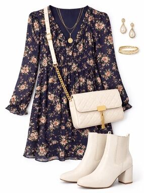 Time and Tru Navy Floral Long Sleeve Dress